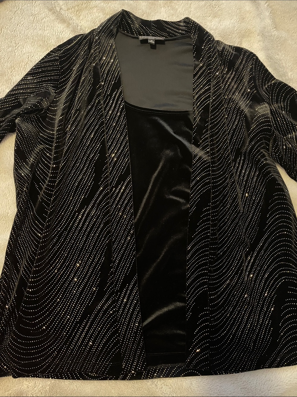 Elementz Black Velvet Open-Front Blazer with Sparkling Wave Dots